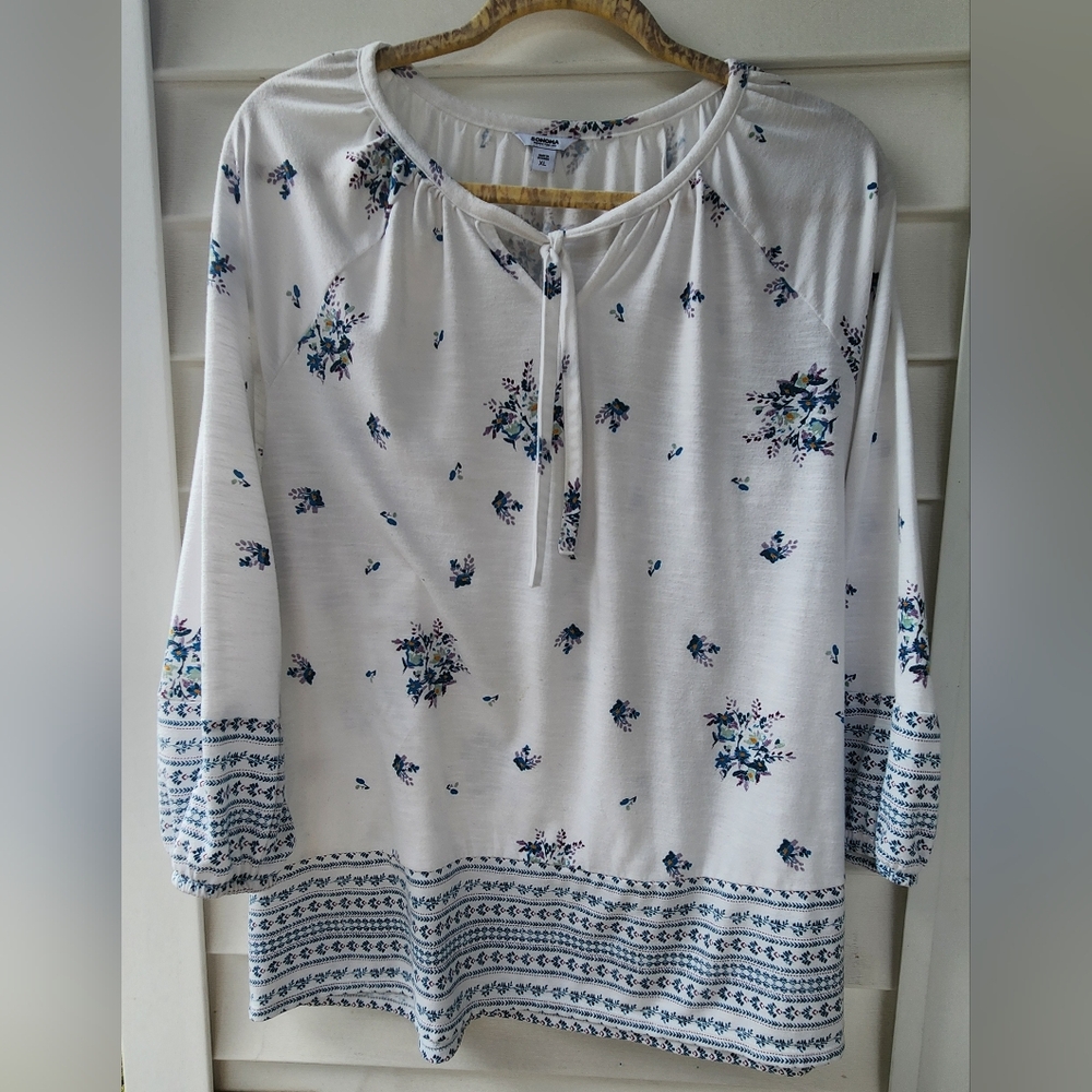 Chic Floral Patterned White Top 3/4 Length Sleeves Tie Neck